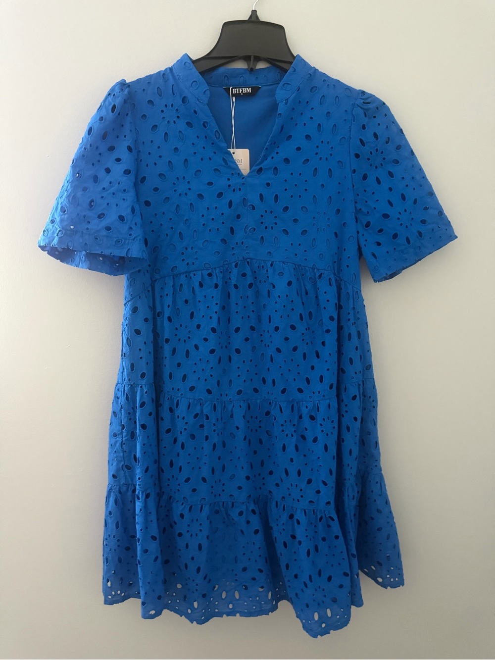BTFBM Royal Blue Eyelet Tiered V-Neck Puff Sleeve Dress size Small NWT